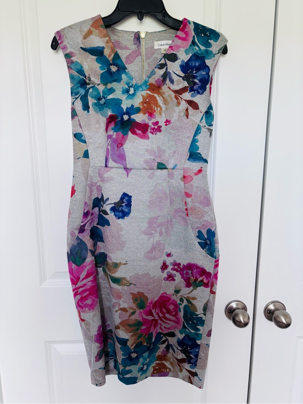 Calvin Klein Silver Sheath Dress with Teal, Pink and Blue Floral Print
